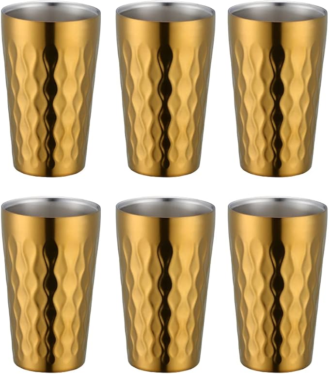 10oz Stainless Steel Cup Set, 6Pcs Double Wall Metal Cup，Vacuum Stackable Insulated Portable Drinking Tumblers Unbreakable Glasses，for Home Outdoor Restaurant(Gold)