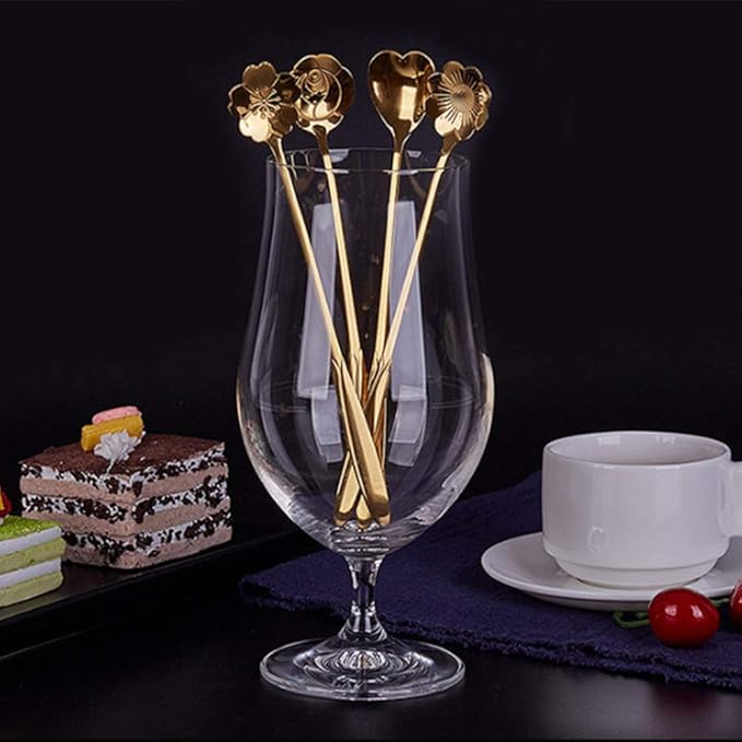 dealcase 4 Pcs Flower Spoon Coffee Teaspoon Set, Drink Stirring Spoon for Tea, Cake, Sugar, Dessert, Ice Cream, Cocktail Stirring, Coffee (Gold)