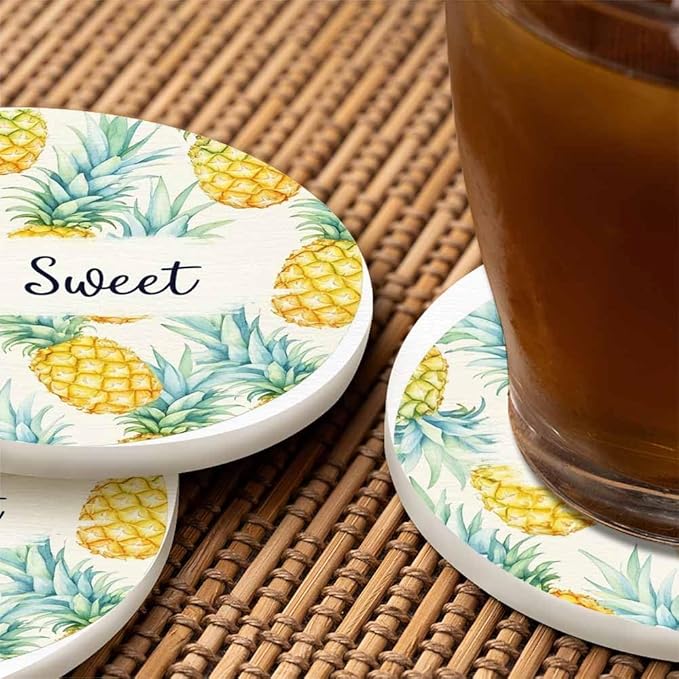 Watercolor Drink Coaster Tropical Pineapple Cartoon Exotic Fruit Pattern Be Sweet Beautiful Home Decor Diatomite Heat-Resistant Diatomite 4 Inch for Cold Drinks Wine Mugs Cups