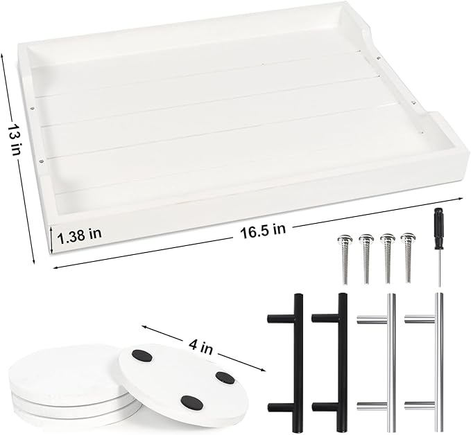 Coffee Table Tray - Large Ottoman Tray for Living Room - Wood Serving Tray with 2 Sets of Handles - Wooden Tray for Coffee Table, 4 Round Coasters Included, White