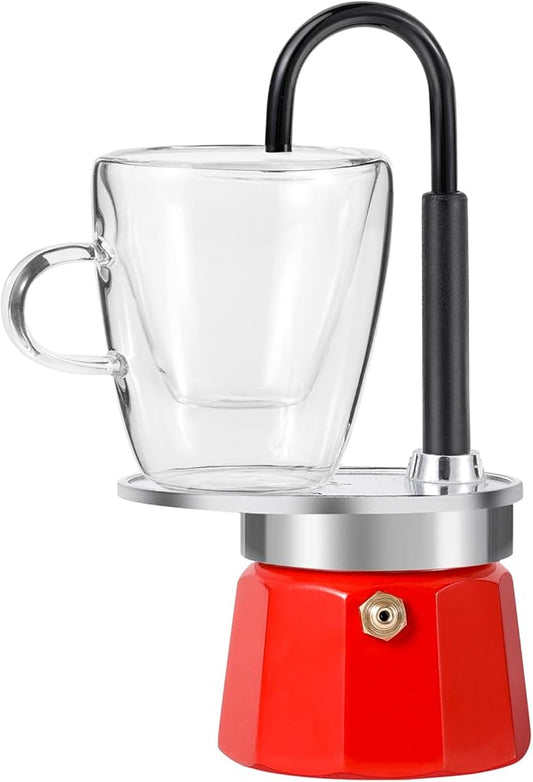 MVPLUE-Mini Express Swiss Single Tube Moka Pot Aluminum Red，Moka Set includes One Double Wall 3oz Cup,Enjoy delicious coffee in no time