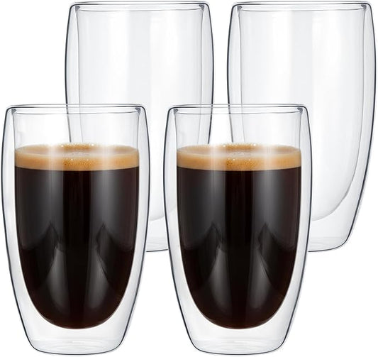 4 Pcs Double Wall Glass Coffee Mugs, Clear Insulated Latte Cups Large Glass Coffee Cups for Hot Beverages Espresso Tea Milk Cappuccino Latte