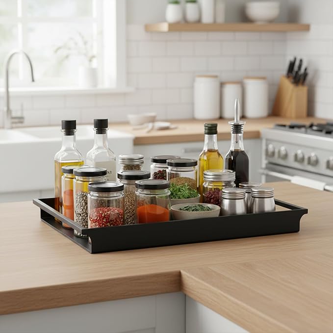 MyGift Black Metal Serving Tray with Handles - Decorative Coffee Table Tray for Ottoman, Vintage Matte Finish Vanity Tray, Trays for Coffee Table