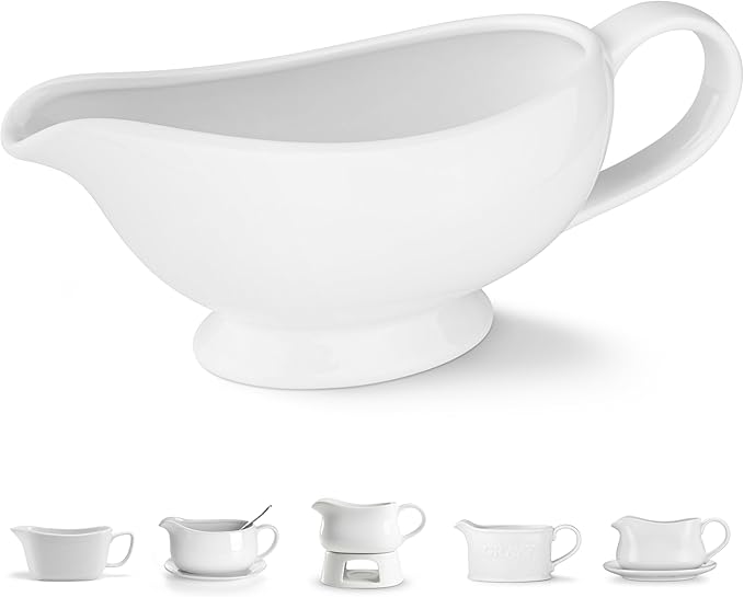 Kook Ceramic Gravy Boat, Serving Dispenser, Porcelain Pitcher for Sauces, Dressings and Creamer, Large Handle, Microwave and Dishwasher Safe, 21 oz, White