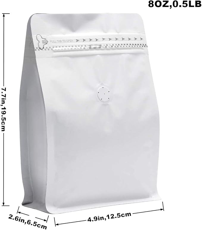 100 Pieces 8oz/0.5lb White Kraft Paper Coffee Bags, Stand Up Coffee Pouches with One Way Degassing Valve and Reusable Side Zipper (Pull Tab to Open) Flat Bottom - Stand Up Well (8oz, 0.5lb, 227gram)