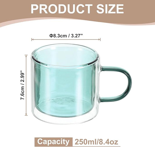 uxcell 8.4 oz Double Wall Glass Coffee Mugs, Glass Tea Cup with Widened Handles for Espresso Coffee, Cappuccino, Tea Bag, Latte, Hot Cold Beverages, Juice, Green