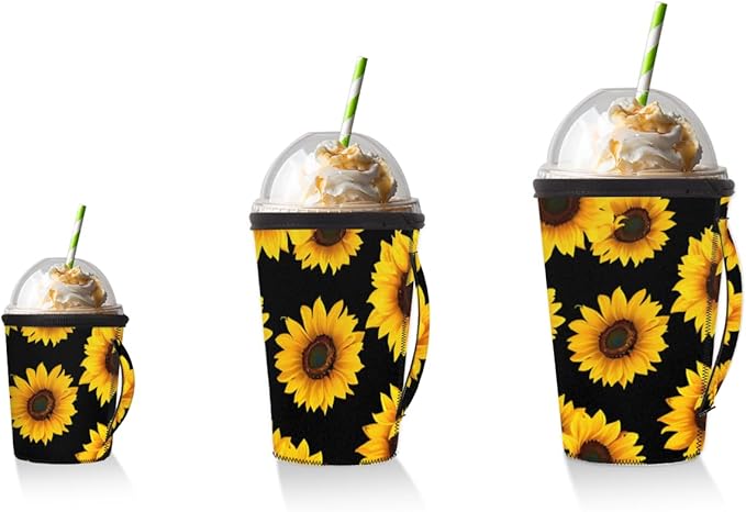 Sunflower Printed Reusable Insulator Coffee Sleeves for Drinks Beverages, Neoprene Holder with Handle for Most Coffee or Ice Drink, 24-28oz