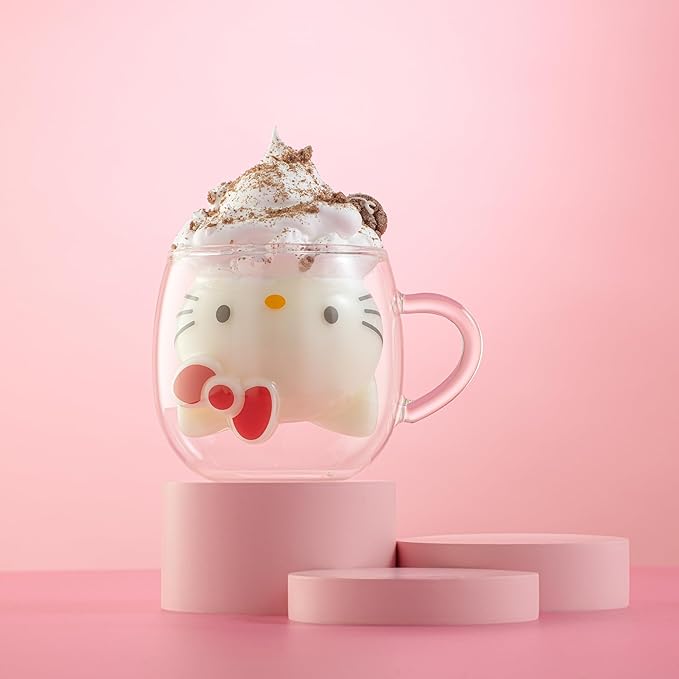 JoyJolt Hello Kitty 3D Coffee Mug, 13.5 oz Double Wall Glass Cup with 3D Design, Insulated Cute Mug for Tea, Latte, or Iced Coffee, Kawaii Sanrio Cup, Hello Kitty Kitchen Stuff