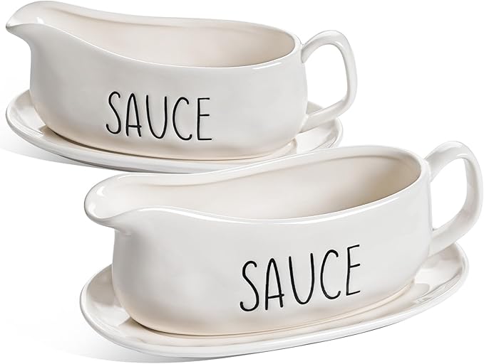 LE TAUCI Gravy Boat with Saucer Stand 16oz, Ceramic Sauce Boat with Tray for Salad Dressings, Creamer, Broth, Black Pepper- Set of 2, Oyster White