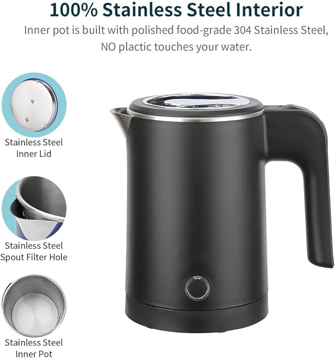 0.5L Small Portable Electric Tea Kettle Stainless Steel, Travel Mini Electric Coffee Kettle, Hot Water Boiler Heater for Business Trip, Camping, Travel, Office (Black)