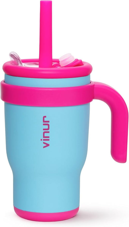 VINUR Kids Tumbler with Handle and Straw Lid-14 oz Stainless Steel Vacuum Insulated Leak Proof Travel Tumbler with Rubber Base-Gifts for Girls, Sky Blue