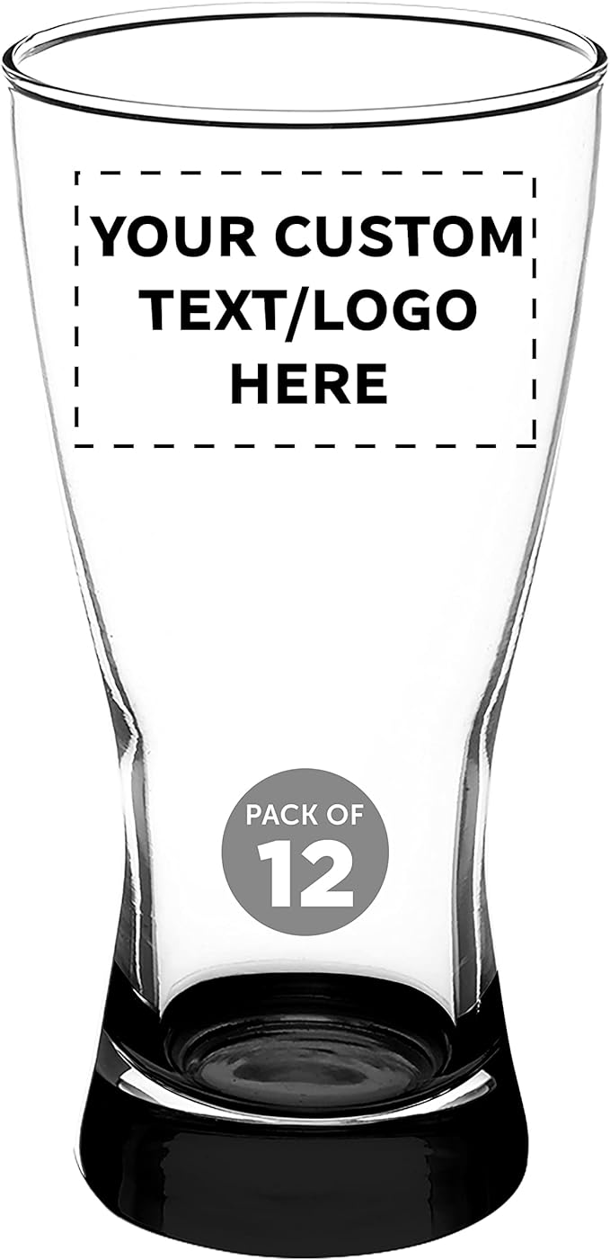 Custom Pilsner Glasses 13.25 oz. Set of 12, Personalized Bulk Pack - Made in the USA, Perfect for Hotels, Restaurants, Bars and Even Party Favors - Black