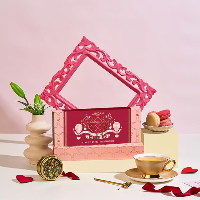 VAHDAM, BLUSH - Assorted Valentines Day Tea Gift Set for Women (3 Premium Teas) Tin Caddy Presentation Box | Loose Leaf Teas | Gluten Free & Non GMO | Valentines Day Gifts for Him & Her