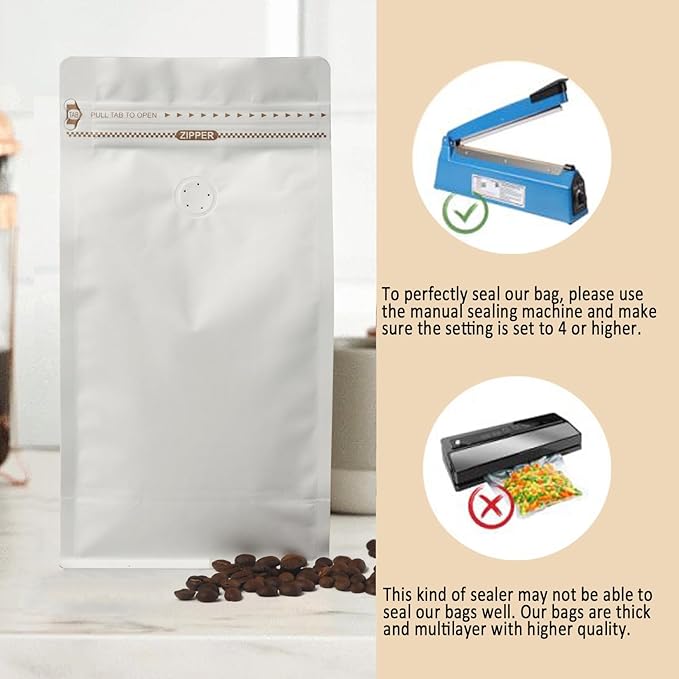 White Kraft Coffee Bags with Side Gusset, Resealable Stand-Up Coffee Pouches with Side Zipper, Degassing Valve for Coffee (Size: 5.75 x 13.25", 32oz/2lb, Pack of 50)