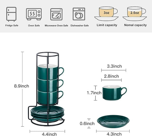 Meichu 2.5oz Porcelain Stackable Espresso Cups with Saucers and Metal Stand Set of 4, Stackable Espresso Cups Set of 4, Green Expresso Shots Cup Set for Cappuccino, Coffee Drinks, Latte, Tea