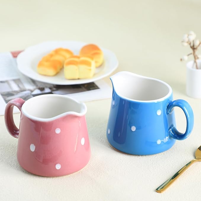 Sizikato Porcelain Creamer Pitcher with Polka Dot Pattern, 8oz Serving Pitcher for Tea Coffee Milk