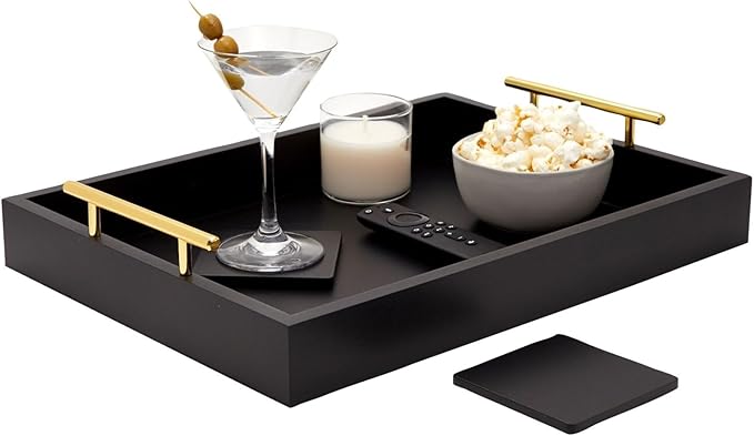 Juvale Wooden Serving Tray - 15.7 x 11.8 x 3.1 in, Black Rustic, Includes 2 Coasters - Decorative Tray with Interchangeable Gold & Silver Handles - Sofa & Ottoman Use, Coffee Table Decor