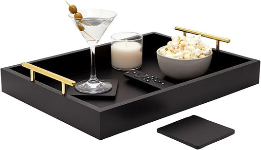 Juvale Wooden Serving Tray - 15.7 x 11.8 x 3.1 in, Black Rustic, Includes 2 Coasters - Decorative Tray with Interchangeable Gold & Silver Handles - Sofa & Ottoman Use, Coffee Table Decor