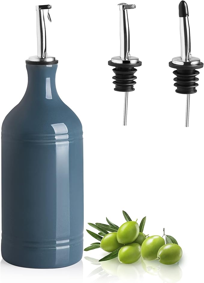 Sweejar Ceramic Olive Oil Dispenser Bottle, Opaque Oil Cruet Protects to Reduce Oxidation, Suitable for Storage Vinegar, Coffee Syrups & Other Liquids, Pack of 1, 15.5 Fl Oz (Fog Blue)