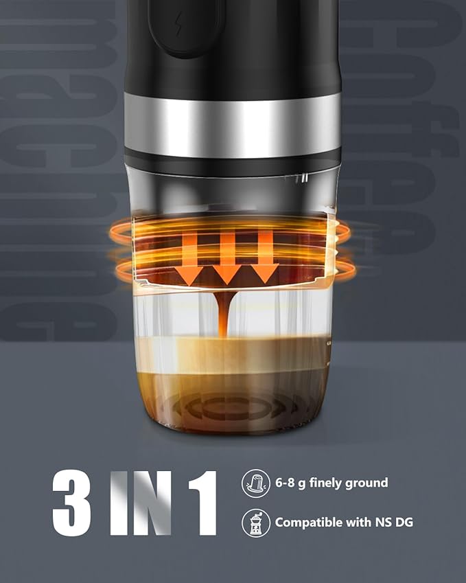 Portable Espresso Machine 3Minute Auto Heat12V Rechargeable Electri Coffee Maker 20 BaCompatible with NS DG Capsules and GroundCoffee for Camping, Travelling RVing HikingandOffice (‌Charcoal black)