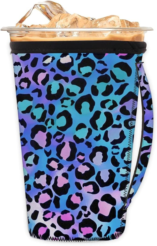 Purple And Blue Leopard Reusable Insulator Coffee Sleeves for Drinks Beverages, Neoprene Holder with Handle for Most Coffee or Ice Drink, 24-28oz