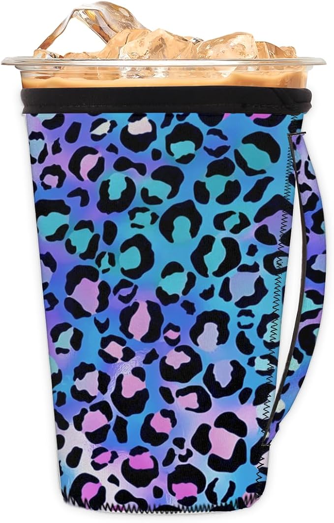 Purple And Blue Leopard Reusable Insulator Coffee Sleeves for Drinks Beverages, Neoprene Holder with Handle for Most Coffee or Ice Drink, 30-32oz