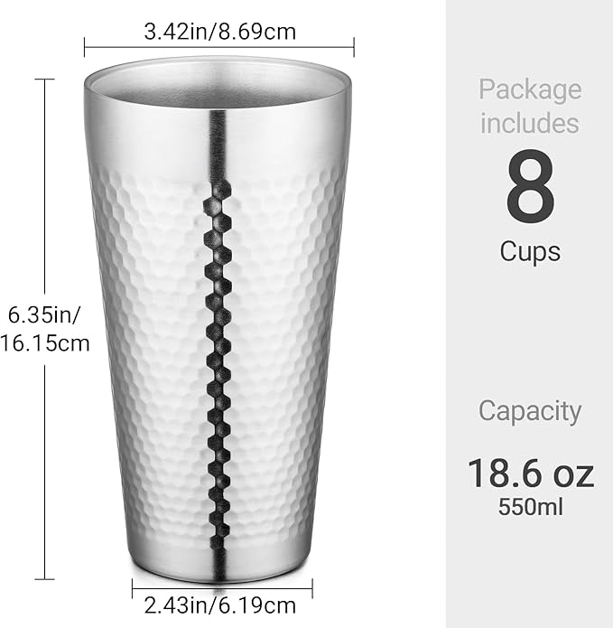 Beasea Stainless Steel Cups 19 oz, 8 Pack Large 18.6oz 550ml Stainless Steel Drinking Cups Water Tumbler Stackable Double Wall Insulated Individual Metal Pint Glasses Tin for Home Party Camping