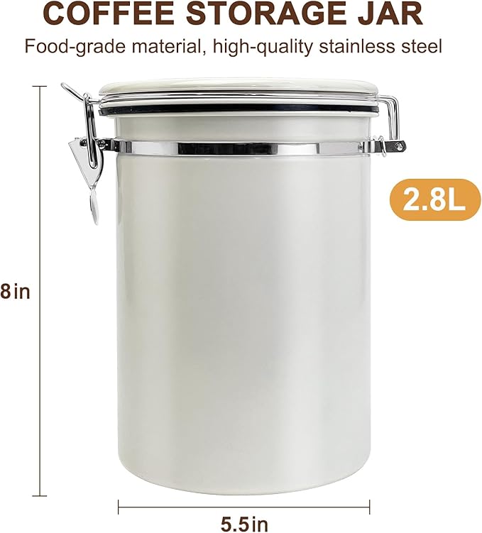 2.8L Airtight Vacuum Coffee Canister, Stainless Steel Storage Container for Coffee Beans and Grounds with Scoop.Suitable for coffee powder, coffee beans, rice, tea leaves, sugar, flour, and grains