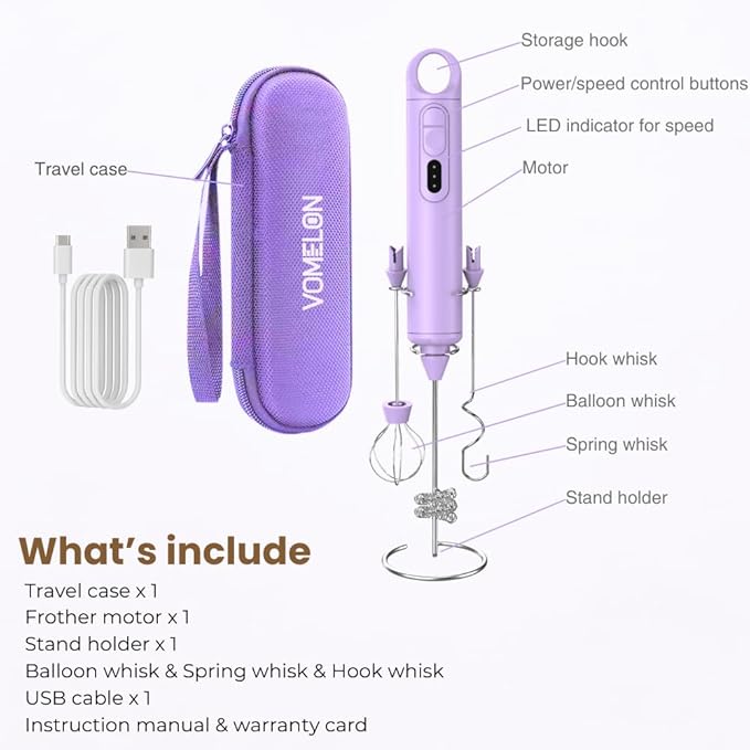 Rechargeable Milk Frother Handheld 3 Speed Coffee Foamer [3 Whisk] Electric Drink Mixer for Latte, Cappuccino, Coffee, Eggs, Hot Chocolate, Purple