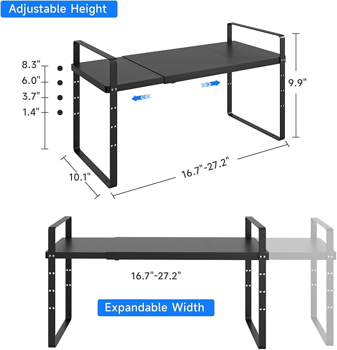 KIKIBRO Expandable Cabinet Shelf Organizer, Stackable Kitchen Pantry Counter Storage, Adjustable Closet Cupboard Stand Rack Risers Spice Organization, 80LBS Heavy Duty, Black 3 Pack