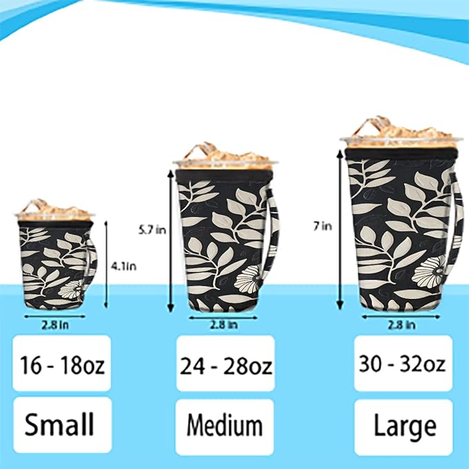 Reusable Iced Coffee Cup Sleeve Leaves Flowers Geometric Neoprene Insulated Sleeves Cup Holder with handle Idea for 16oz - 18oz