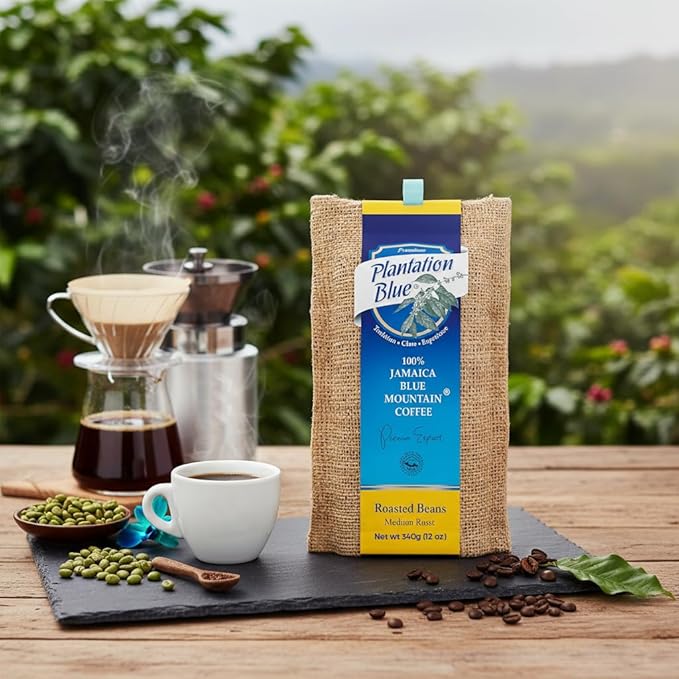 Plantation Blue 100% Blue Mountain Coffee from Jamaica, Medium Roasted Whole Beans (12oz)