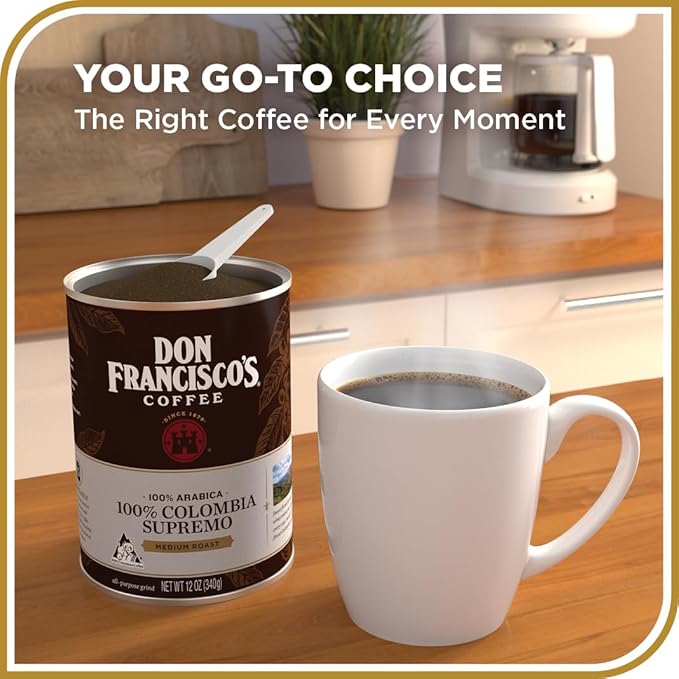Don Francisco's Premium 100% Colombia Supremo Ground Coffee – Rich, Aromatic Medium Roast with 100% Arabica Beans, Floral Notes & Winey Flavor, 3 Recyclable 12 oz Cans