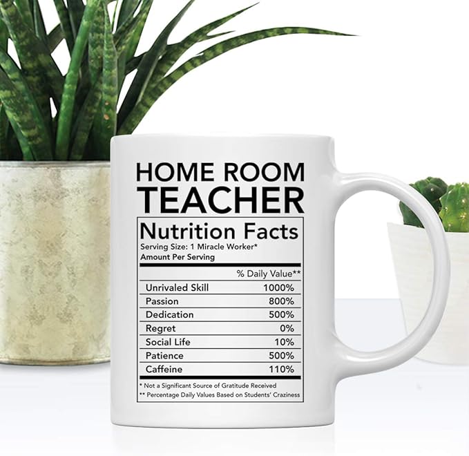 Andaz Press Funny 11oz. Ceramic Coffee Tea Mug Thank You Gift, Home Room Teacher Nutritional Facts, 1-Pack, Novelty Gag Birthday Christmas Gift Ideas Coworker
