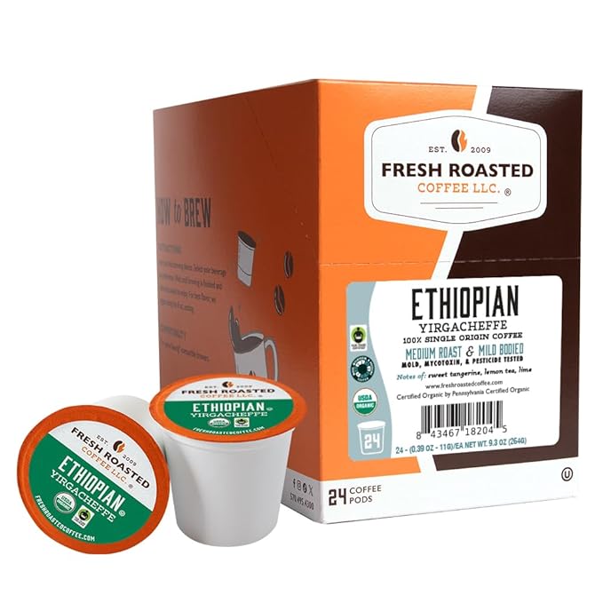 Fresh Roasted Coffee, Organic Ethiopian Yirgacheffe | USDA Organic, Kosher, 3rd Party Tested for Mold, Myco, Pesticides | 24 Pods for K Cup Brewers