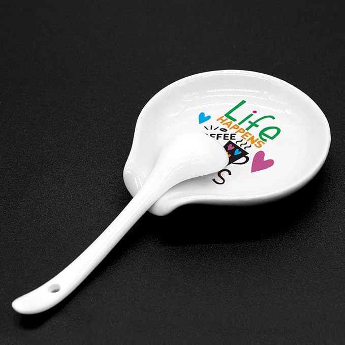 Funny Coffee Quote Colored Pattern Ceramic Coffee Spoon Holder-Coffee Spoon Rest -Coffee Station Decor Coffee Bar Accessories-Coffee Lovers Gift for Women and Men (Life Happens Coffee Helps)