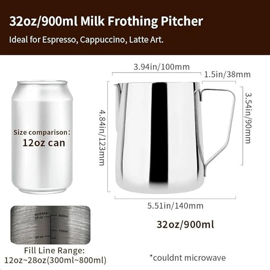 watchget Milk Frothing Pitcher 32oz/900ml - Stainless Steel Frothing Pitcher Espresso Steaming Pitcher Coffee Frother Cup Cappuccino Latte Art Coffee Machine Accessories Milk Jug, Silver