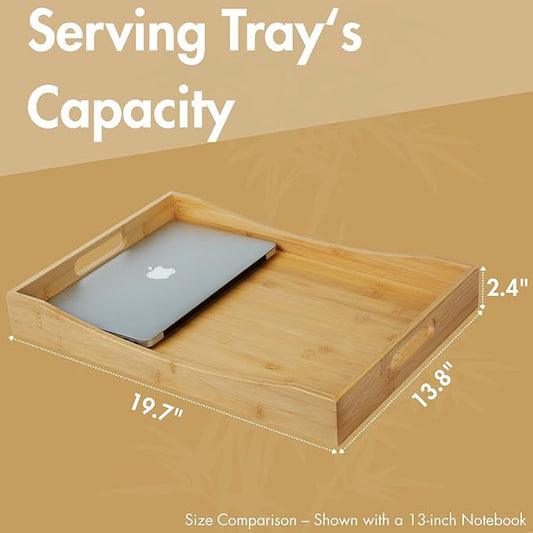 Gobam Bamboo Serving Tray with Handles, 19.7 x 13.8 inch Rectangular Decorative Tray for Entryway, Kitchen, Dining & Living Room, Large Wooden Breakfast Trays for Bed, Coffee Table & Ottoman
