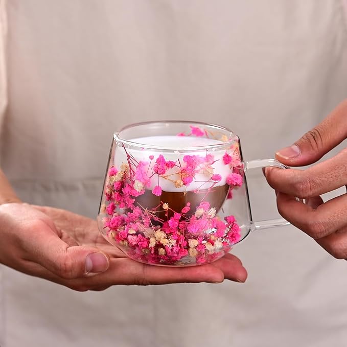 200ML Double Wall Insulated Cup Clear Glass Mug with Handle Preserved Flower Mug Floral Glass Real Coffee Cup with Protective Sleeve and Case Pink 200ML