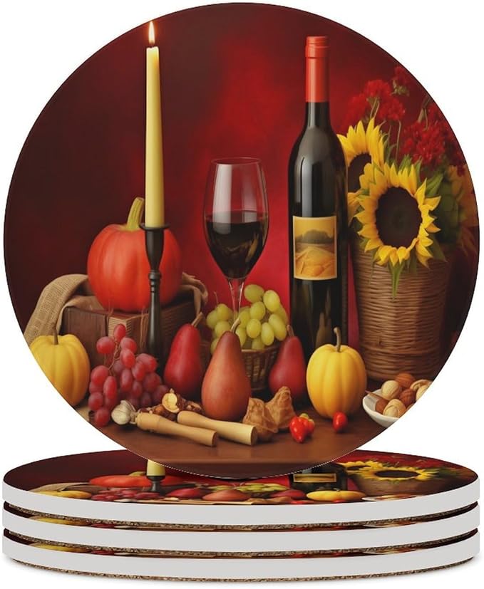 Round-4PCS Red Wine Ceramic Coasters, Round Absorbent Drink Coasters, Vintage Style Floral Red Wine Grapes Sunflower Ceramic Table Coasters for Coffee, Beverage, Wine, Beer Coasters