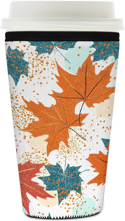 Colored Fall Maple Leaves Iced Coffee Sleeve for Cold Drink Cups, Reusable Neoprene Insulated Drink Sleeves Cup Cover for Beverages, Fits 22-24 oz
