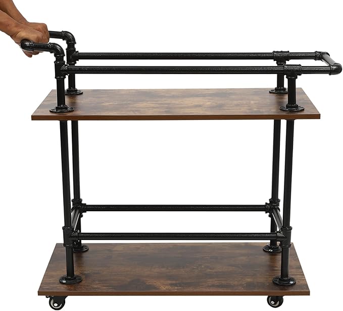 Industrial Bar Cart with Wheels, 2-Tier Rolling Kitchen Serving Cart, Mobile Wine Rack Storage Cart with Locking Casters for Home Bar Cafe Office