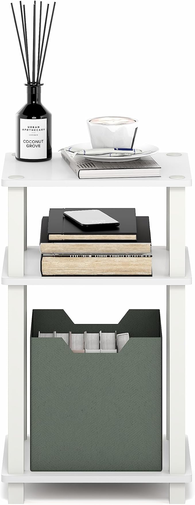Furinno JUST Side Table, 3-Tier Open Shelf End Table, Toolless Assembly Night Stand, Bedside Table with Square Tube, for Living Room, Bedroom, White