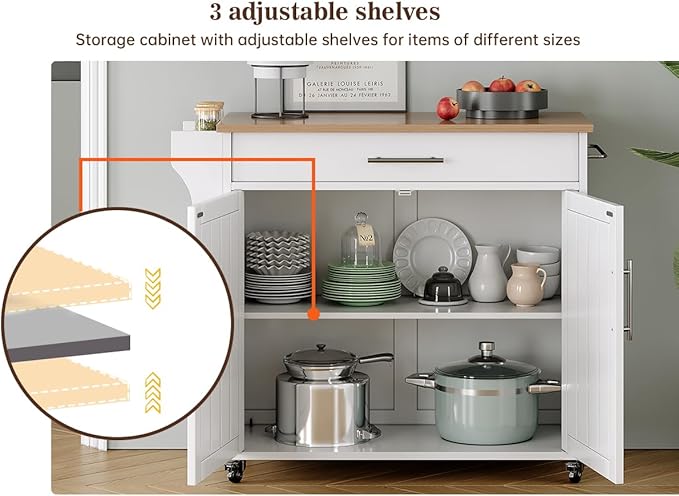 Kitchen Storage Island, Wooden Rolling Kitchen Island On Wheels with Countertop, Mobile Kitchen Island Cart with Towel Rack, Spice Rack and Drawers, White