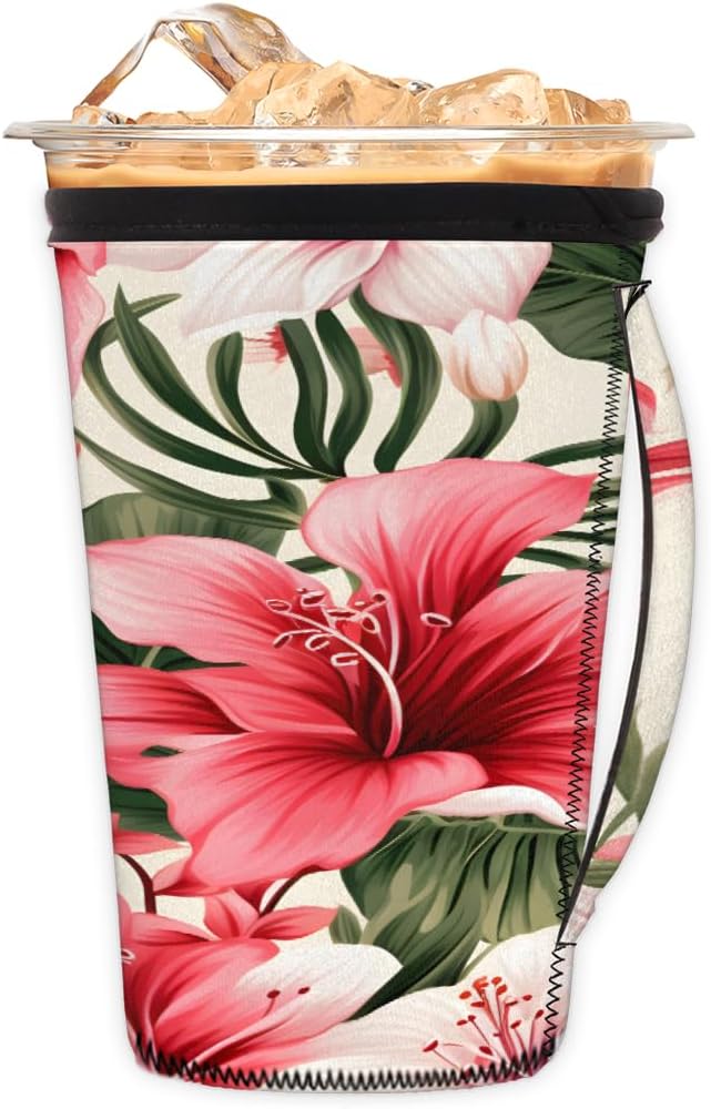 Reusable Iced Coffee Cup Sleeve Tropical Flowers Neoprene Insulated Sleeves Cup Holder with handle Idea for 24oz - 28oz