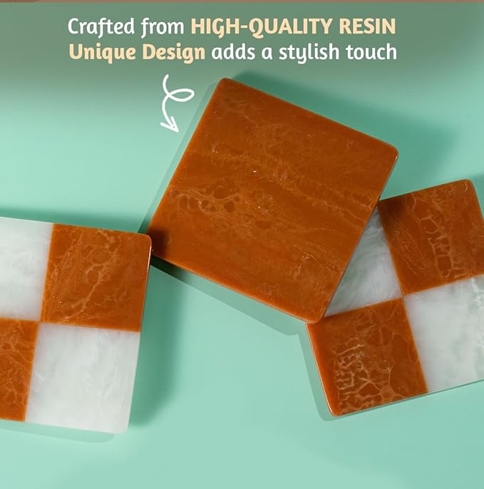 Folkulture Checkered Rust Resin Coasters Set of 4 | Waterproof Drink Coasters for Coffee Table & Bar | Rustic Boho Home Décor | Housewarming & Valentine Gifts