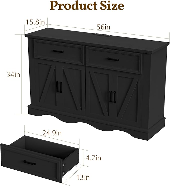 56" Large Wooden Buffet Cabinet with Storage, Modern Coffee Bar and Wine Bar, Wave Base Design, Multi-Purpose Buffet Table with Charging Station for Dining Room, Kitchen or Living Room, Black