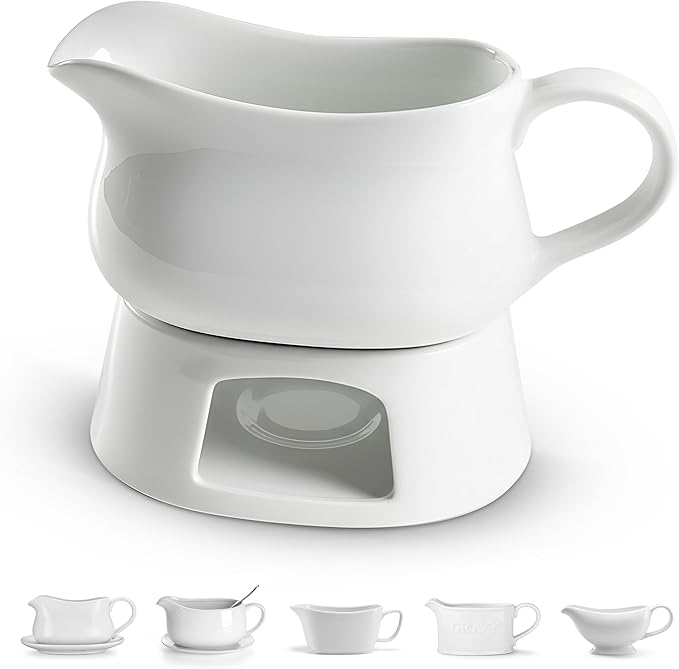 Kook Gravy Boat & Warmer, Ceramic Serving Dish, Dispenser with Warmer for Sauces, Dressings and Creamer, Large Handle, Microwave and Dishwasher Safe, 17oz, White