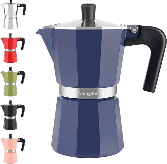 Mongdio Stovetop Espresso Maker Moka Pot, Stove Top Cuban Coffee Maker, Italian Greca Mocha Pot, 6 Espresso Cups, 10 oz - Blue