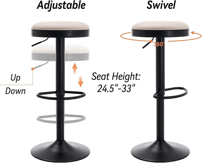Round Swivel Counter Height Bar Stools Set of 3 Modern Adjustable Barstools Backless PU Leather Bar Chairs Industrial Island Chairs with Metal Base/Footrest for Kitchen Island/Pub, Beige